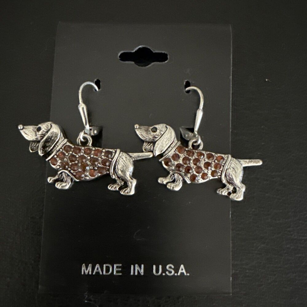 Dachshund Weenie Dog Brown Crystal Silver Tone Dangle Earrings~New